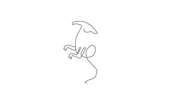 Animation of one line drawing of agile and fast parasaurolophus for logo identity. Dino animal mascot concept for prehistoric theme park icon. Continuous line self draw animated. Full length motion.