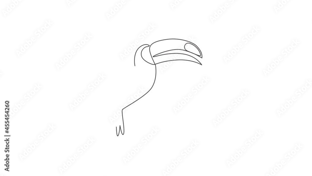 Aufkleber animated self drawing of one continuous line draw cute toucan bird with big beak for logo identity. 