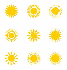 Bright sun icons set vector. Sunset logo in various design on white isolated background..