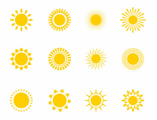 Bright sun icons set vector. Sunset logo in various design on white isolated background..