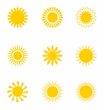 Bright sun icons set vector. Sunset logo in various design on white isolated background..