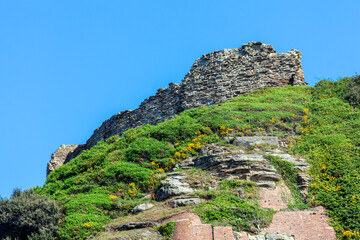 Hastings Castle in East Sussex England UK an 11th century medieval Norman castle which is a popular tourist holiday travel destination and attraction landmark, stock photo image