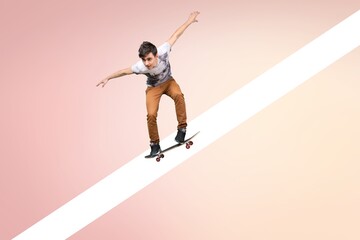 A person riding on a skateboard on pastel background. Modern design, art collage.