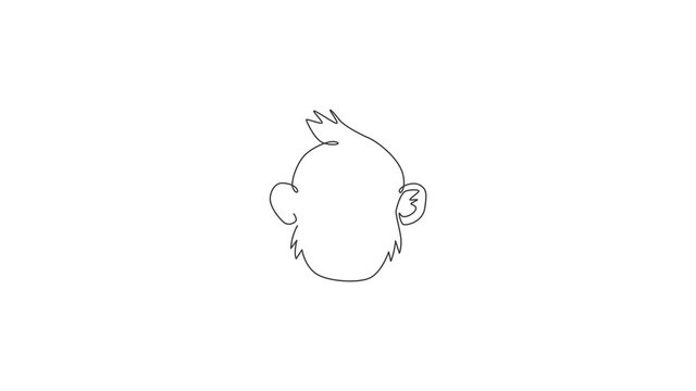 Animation of one line drawing of cute thinking monkey head for company business logo. Adorable primate animal mascot concept for corporate icon. Continuous line self draw animated. Full length motion.