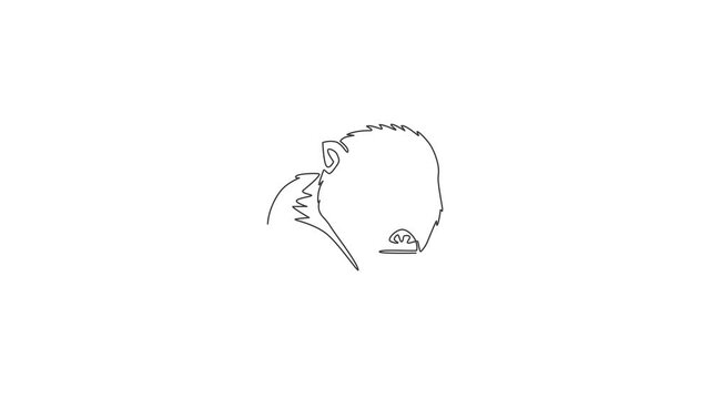 Animation of one single line drawing of baboon head for company business logo identity. Cute primate animal mascot concept for corporate icon. Continuous line self draw animated. Full length motion.