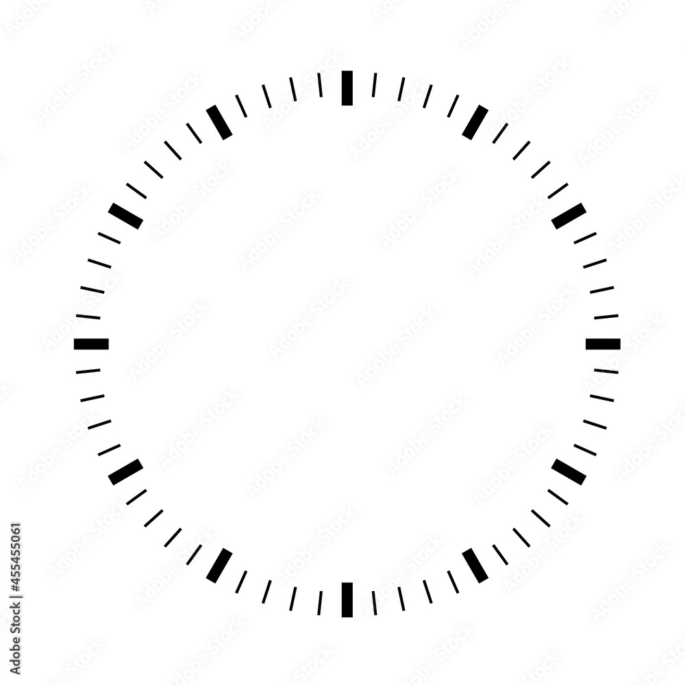 Poster blank clock face on white background. hour dial sign. dashes mark minutes and hours symbol. flat sty