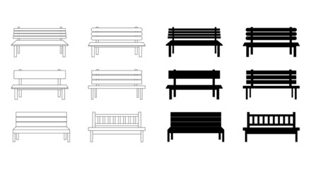 Park bench icon. Comfortable public wooden seat symbol set. Silhouette and outline design. Vector illustration isolated on white. - obrazy, fototapety, plakaty