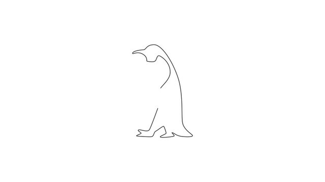 Animated self drawing of one continuous line draw funny penguin for kids toy company logo identity. South pole bird mascot concept for conservation national park. Full length single line animation.