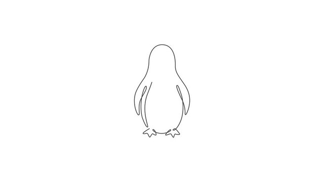 Animated self drawing of single continuous line draw adorable penguin for company business logo identity. Arctic animal bird mascot concept for kids stationary product. Full length one line animation.