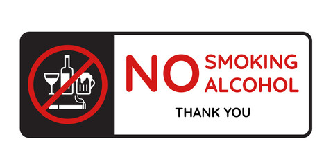 no smoking alcohol and thank you text in banner with white wine glass, Liquor bottle, Beer glassred and cigarette in red stop circle sign vector design