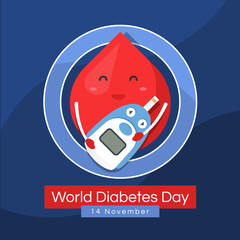 world diabetes day banner drop blood charector hold Blood Glucose Meter in blue ring circle sign vector design