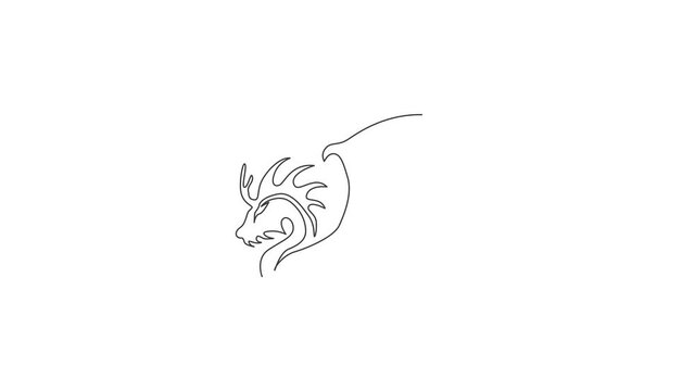 Animation of one line drawing of dragon for china ancient museum logo. Legend fairy tale animal mascot concept for ancient chinese organization. Continuous line self draw animated. Full length motion.