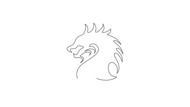 Animated self drawing of one continuous line draw mythological creature dragon for company logo. Fantasy flying dinosaurs animal mascot concept for decorative tribal. Full length single line animation