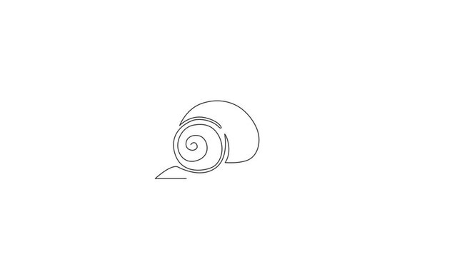 Animation of one line drawing of exotic snail with spiral shell mascot concept for organic food logo. High nutritious escargot healthy food. Continuous line self draw animated. Full length motion.