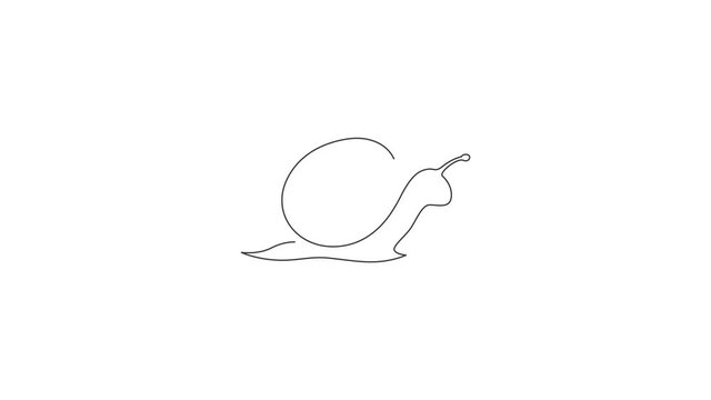 Animation of one line drawing of exotic snail with spiral shell mascot concept for organic food logo. High nutritious escargot healthy food. Continuous line self draw animated. Full length motion.