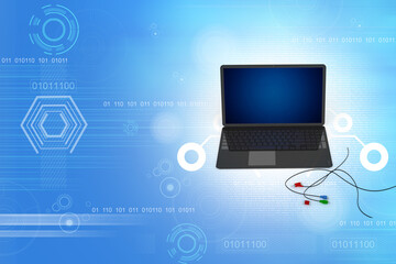 3d illustration laptop computer with aux rj 45 cables
