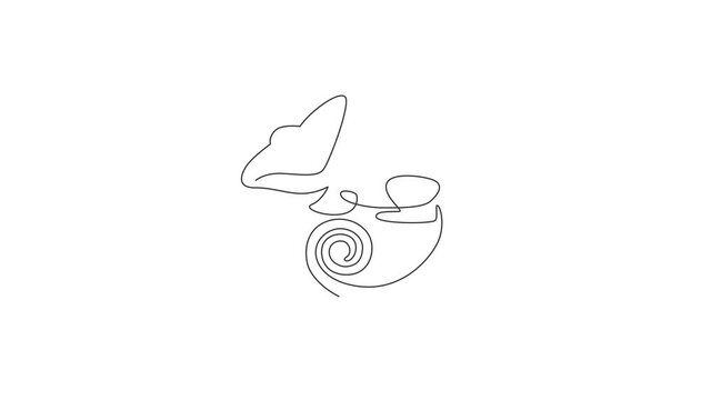 Animated self drawing of one continuous line draw chameleon with spiral tail mascot concept for reptilian pet lover society. Exotic reptile animal for company logo. Full length single line animation.