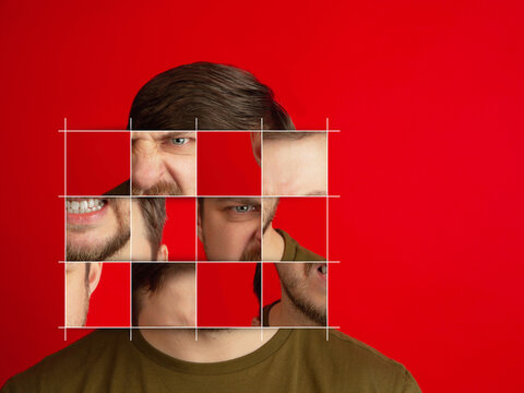 Art collage of young man showing expressive emotions. Puzzle colage of his face