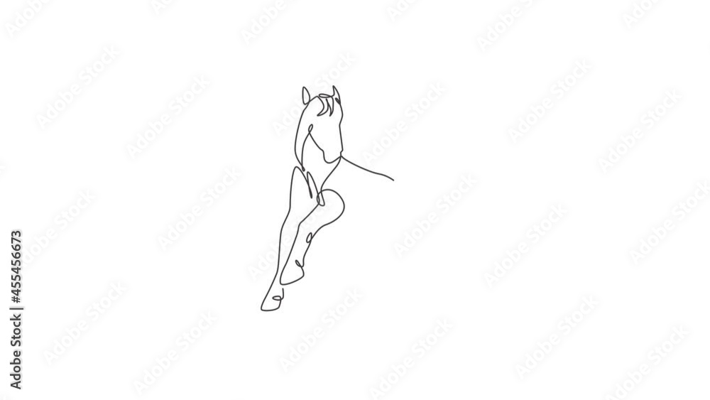Poster animated self drawing of single continuous line draw elegant horse running for company logo identity