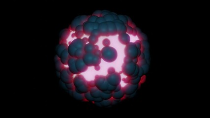 Glowing Nanocapsule , nanocarriers . Nanoparticle sphere with evenly distributed assymetrical balls on surface. . 3d animation . Black , white Alpha matte included. Rotating sphere - Powered by Adobe