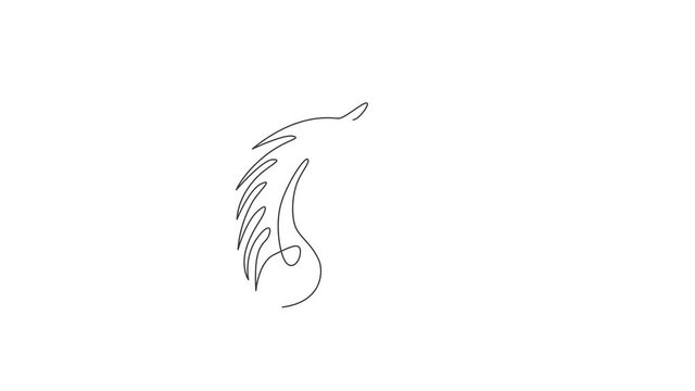 Animated self drawing of continuous line draw beautiful unicorn head for corporate logo. Kids cute fantasy imagination creature concept for textile fashion print. Full length one line animation.