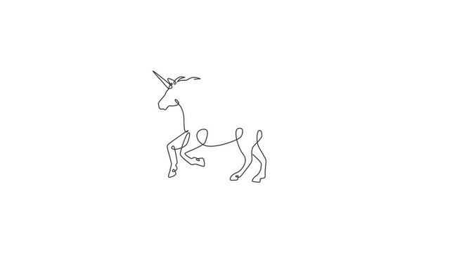 Animated self drawing of single continuous line draw beautiful unicorn for corporate logo identity. Kids fantasy imagination creature concept for textile fashion print. Full length one line animation.