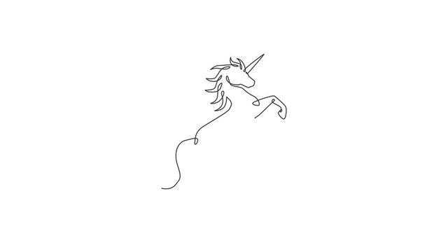 Animation of one line drawing of cute jumping unicorn with horn for creative studio logo. Beautiful fairy animal creature mythology concept. Continuous line self draw animated. Full length motion.