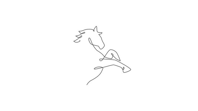 Animation of one single line drawing of jumping elegance horse for company logo identity. Strong gallop head mammal animal symbol concept. Continuous line self draw animated. Full length motion.