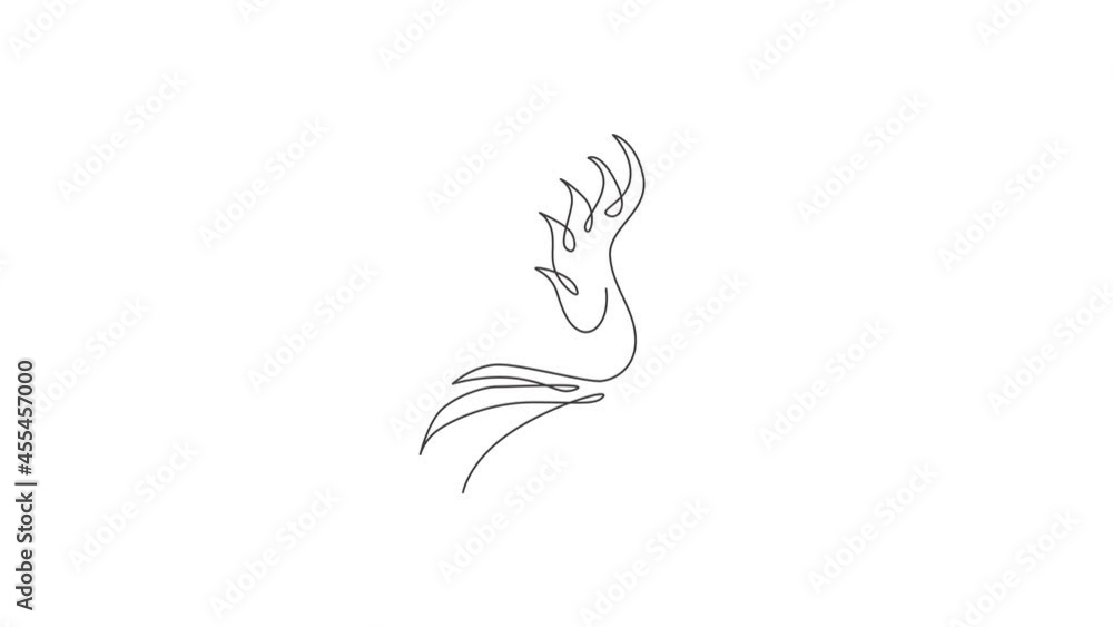 Poster animated self drawing of single continuous line draw flame phoenix bird for corporate logo identity.