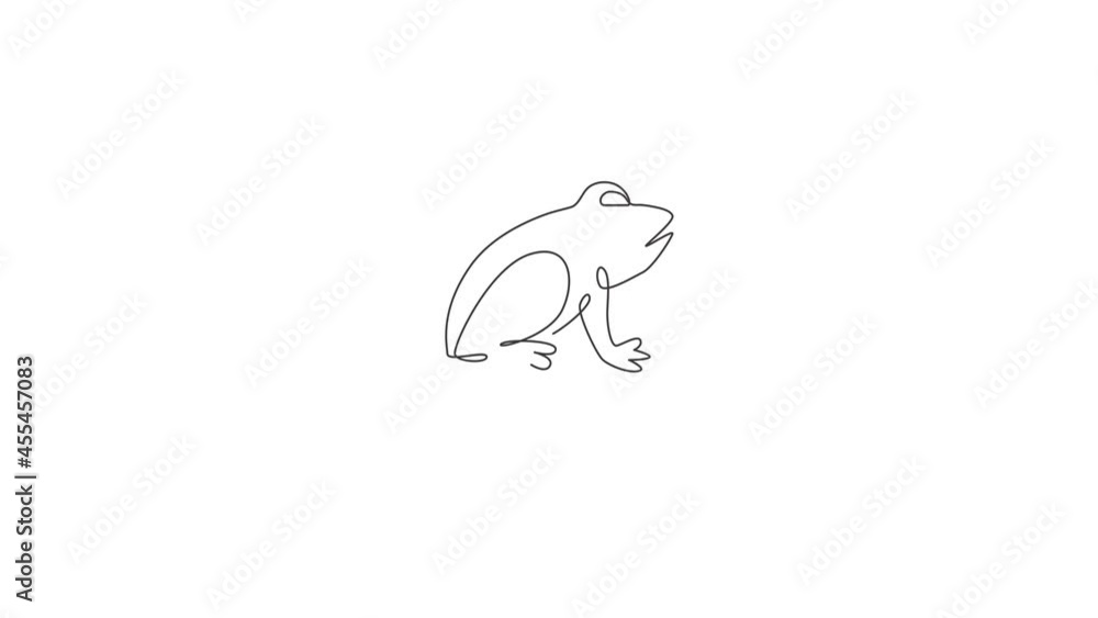 Poster animated self drawing of single continuous line draw happy frog above lotus leaf on swamp lake for k
