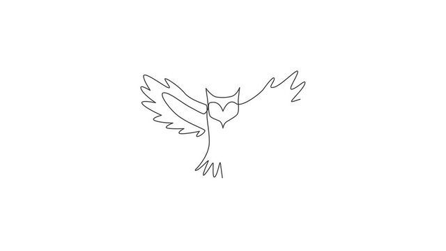 Animated self drawing of single continuous line draw luxury owl bird for corporate logo identity. Modern company icon concept from animal shape. Full length one line animation illustration.