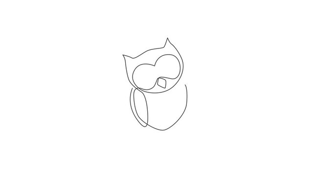Animated self drawing of continuous line draw cute owl bird for company logo identity. Symbol of education, wisdom, school, knowledge, vision, intelligent concept. Full length single line animation.