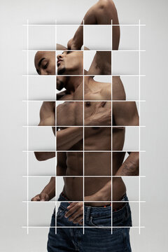 Original art collage of handsome african man isolated over white background. Sliding puzzle effect of portraits