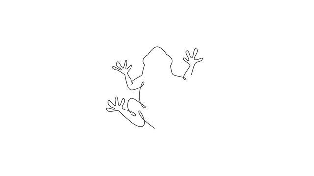 Animated self drawing of one continuous line draw funny frog for kids toy logo identity. Reptile animal icon concept. Full length single line animation illustration.
