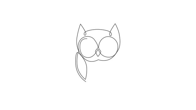 Animated self drawing of one continuous line draw cute owl bird for company logo identity. Symbol of education, wisdom, school, smart, knowledge, vision icon concept. Full length single line animation