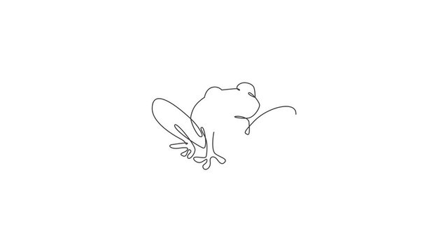 Animated self drawing of one continuous line draw funny frog for kids toy logo identity. Reptile animal icon concept. Full length single line animation illustration.