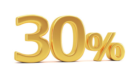 Gold percent isolated on white background. 30% off on sale. 3d render illustration for business ideas.
