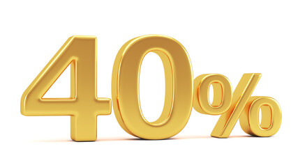 Gold percent isolated on white background. 40% off on sale. 3d render illustration for business ideas.