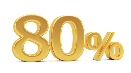 Gold percent isolated on white background. 80% off on sale. 3d render illustration for business ideas.