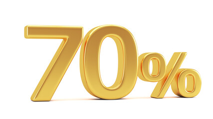 Gold percent isolated on white background. 70% off on sale. 3d render illustration for business ideas.