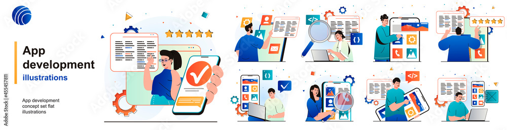 Poster app development isolated set. programmers develop software and software. people collection of scenes