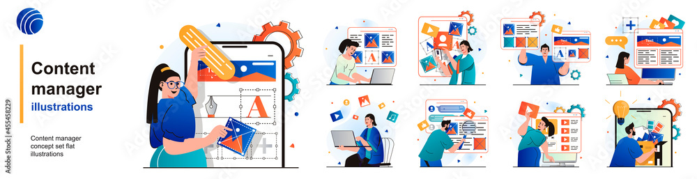 Poster content manager isolated set. filling site with pictures and graphic elements. people collection of 