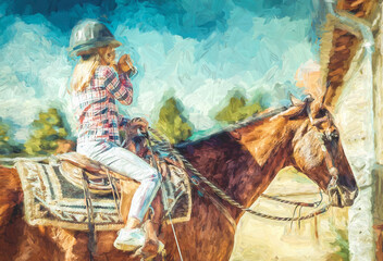 girl trains horse and drinks water. Painting effect. © jozefklopacka