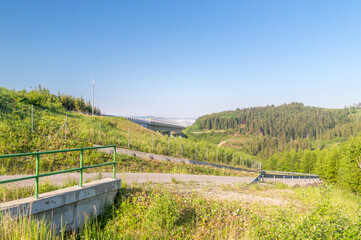 Landscape view on valley with Valy Bridge, the tallest bridge in Slovakia.