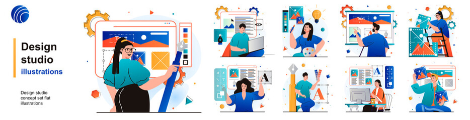 Design studio isolated set. Designers create content and graphic elements. People collection of scenes in flat design. Vector illustration for blogging, website, mobile app, promotional materials. © alexdndz