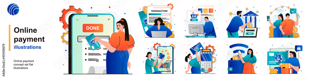Aufkleber Online payment isolated set. Banking transactions using app or computer. People collection of scenes in flat design. Vector illustration for blogging, website, mobile app, promotional materials.