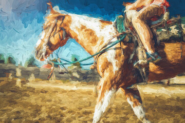 Obraz premium girl trains horse on a beautiful summer day. Painting effect.
