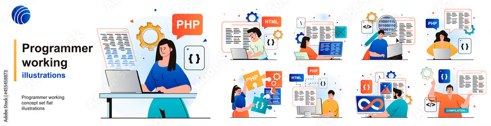 Aufkleber Programmer working isolated set. Devops, coding, programming software testing. People collection of scenes in flat design. Vector illustration for blogging, website, mobile app, promotional materials.