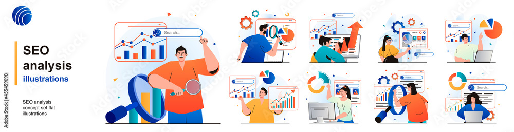 Poster seo analysis isolated set. analyze data, successful strategy, optimization. people collection of sce