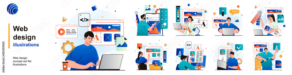 Fototapete web design isolated set. designers create website layout, place elements. people collection of scene